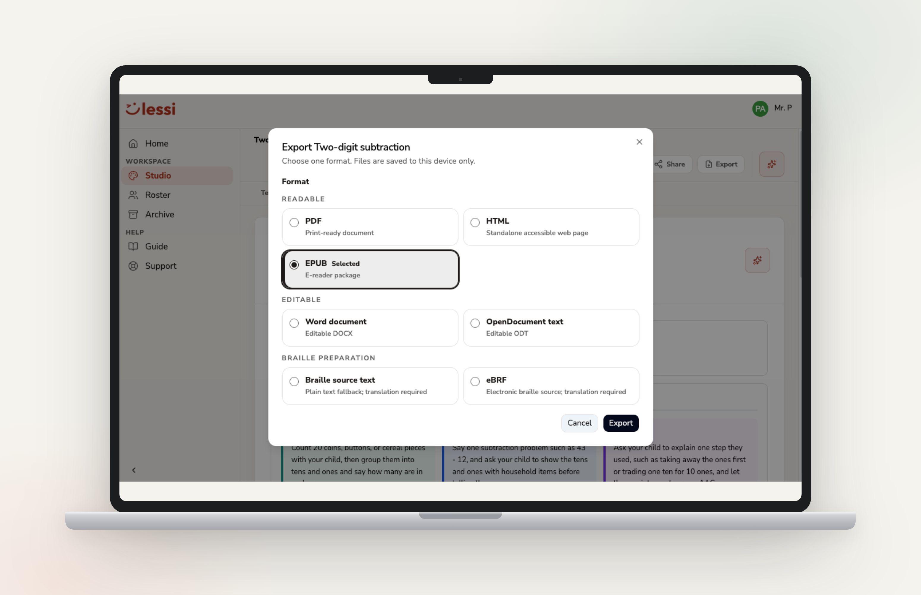 Lessi Studio export dialog offering PDF, HTML, EPUB, editable document, and braille preparation formats.