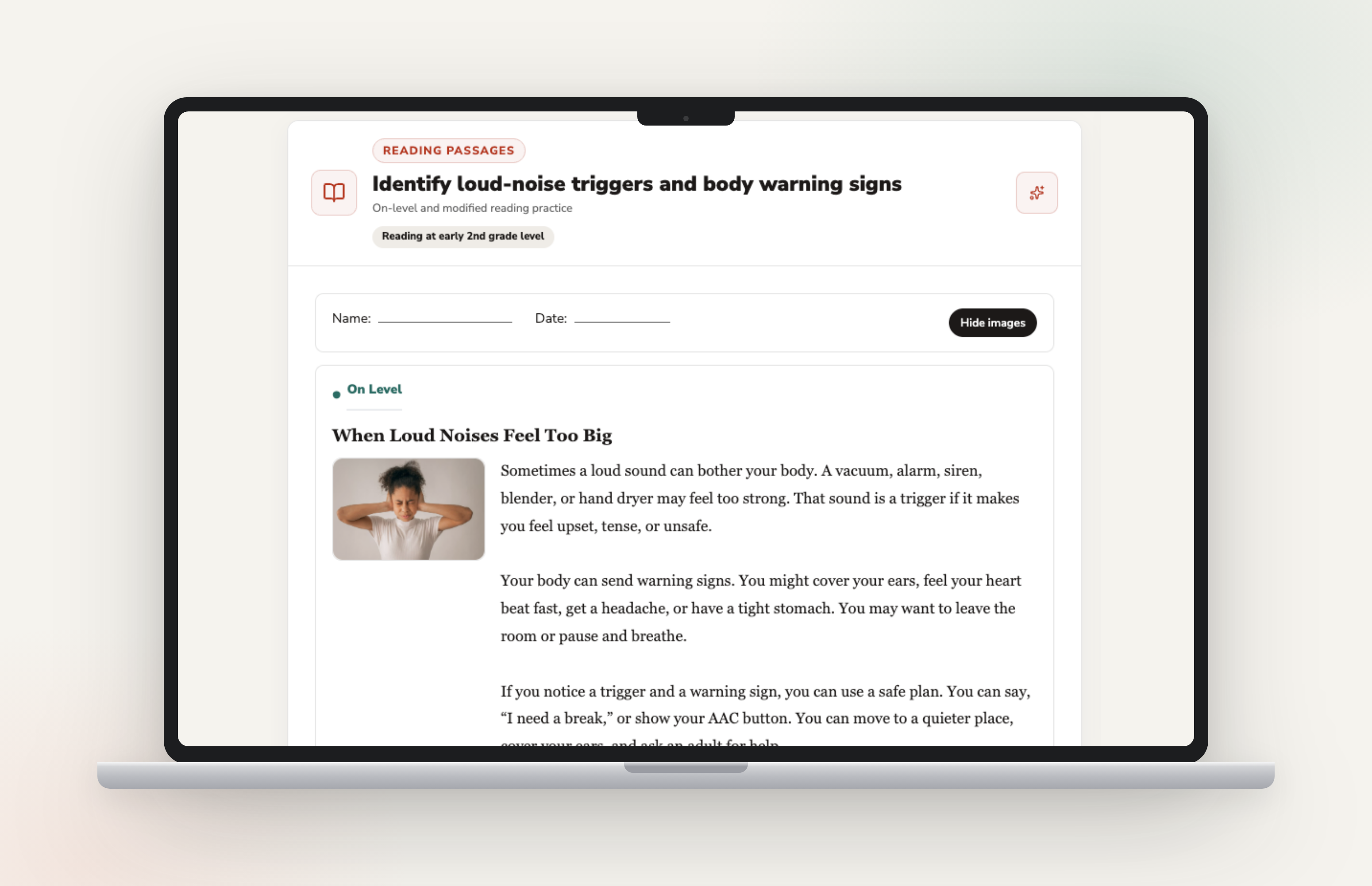Lessi Studio showing an on-level reading passage about recognizing loud-noise triggers and body warning signs.