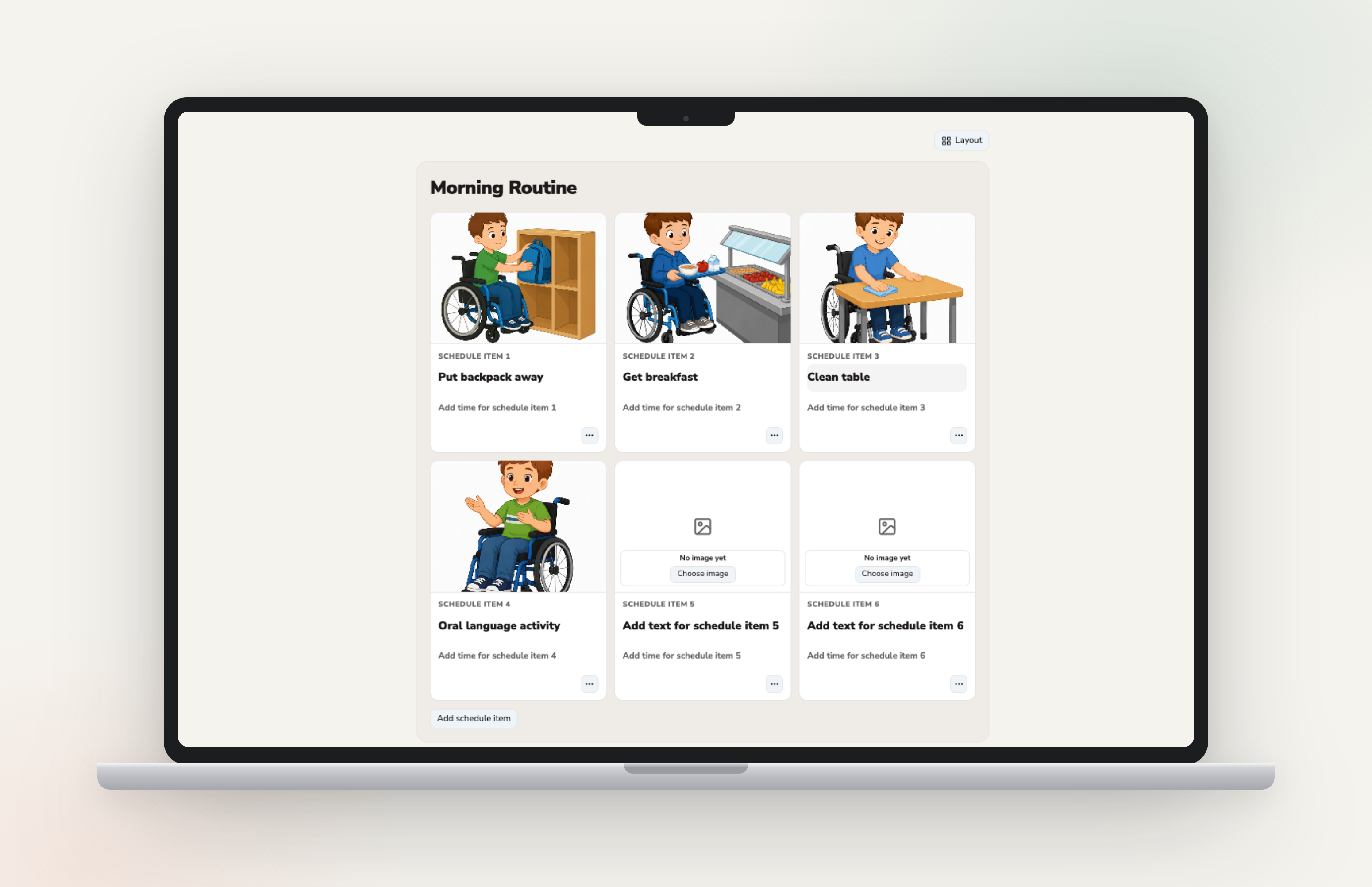Lessi Studio schedule editor showing an editable morning routine with personalized illustrations of a wheelchair user.