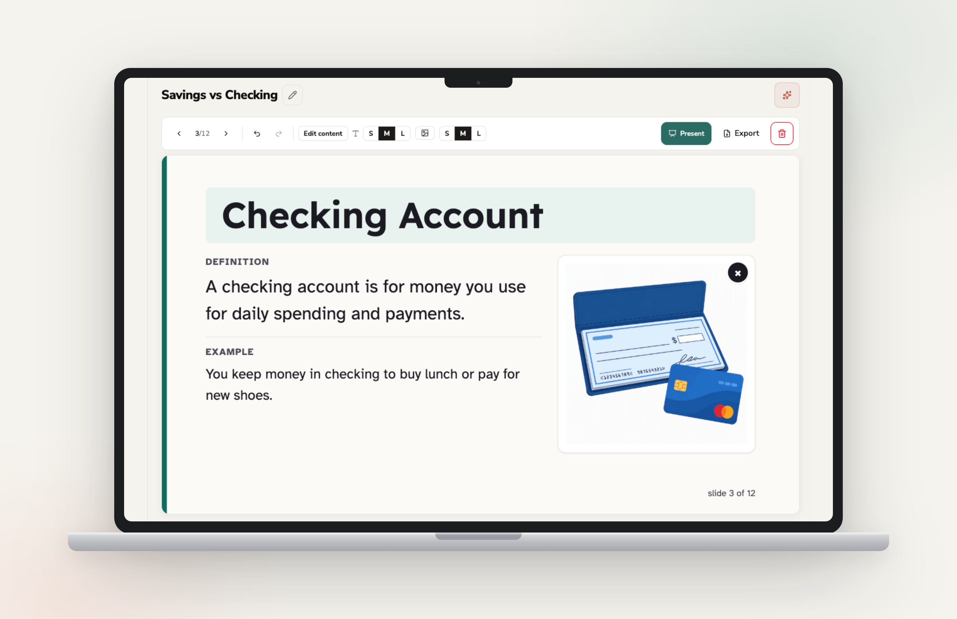 Lessi Studio slide editor showing a differentiated lesson about checking accounts with editable text and illustrations.